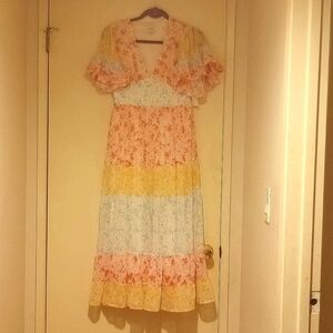 Aura Pink Multi Floral Print Midi Dress size Medium